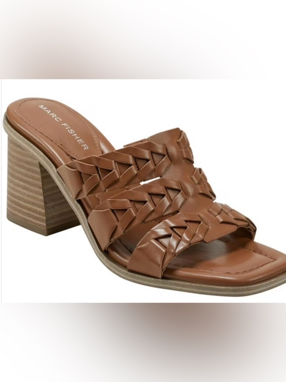 Marc Fisher Tan Braided Leather Block Heel Mule